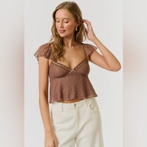 NWOT 🤎 Blue Blush - Lace Ruffle Babydoll Mocha Brown Bow Tank